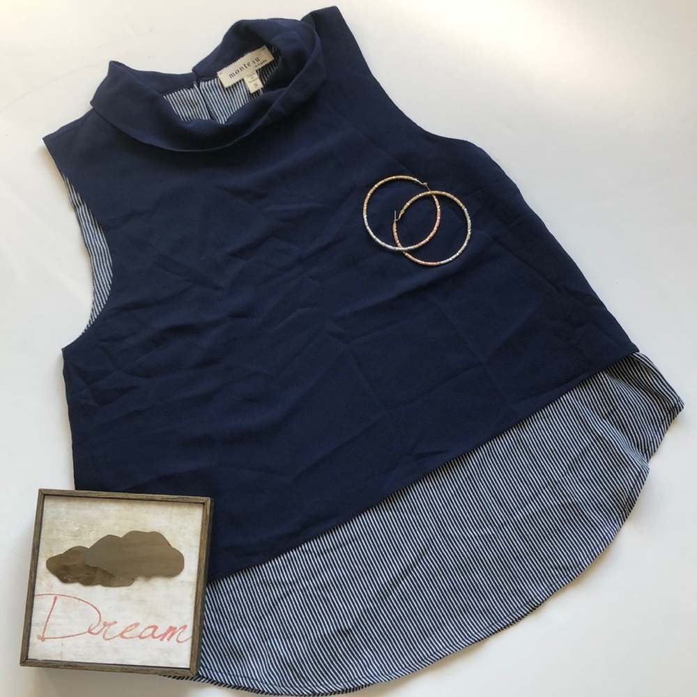 Monteau Navy Over Pinstripe Highneck Layered Tank